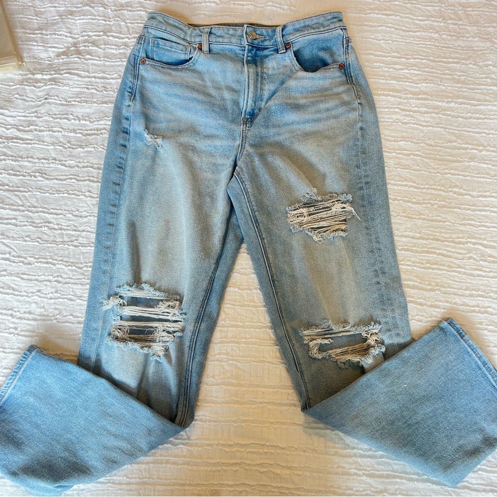 American Eagle Mom Straight Jeans Womens Size 10 LONG Distressed Full Length